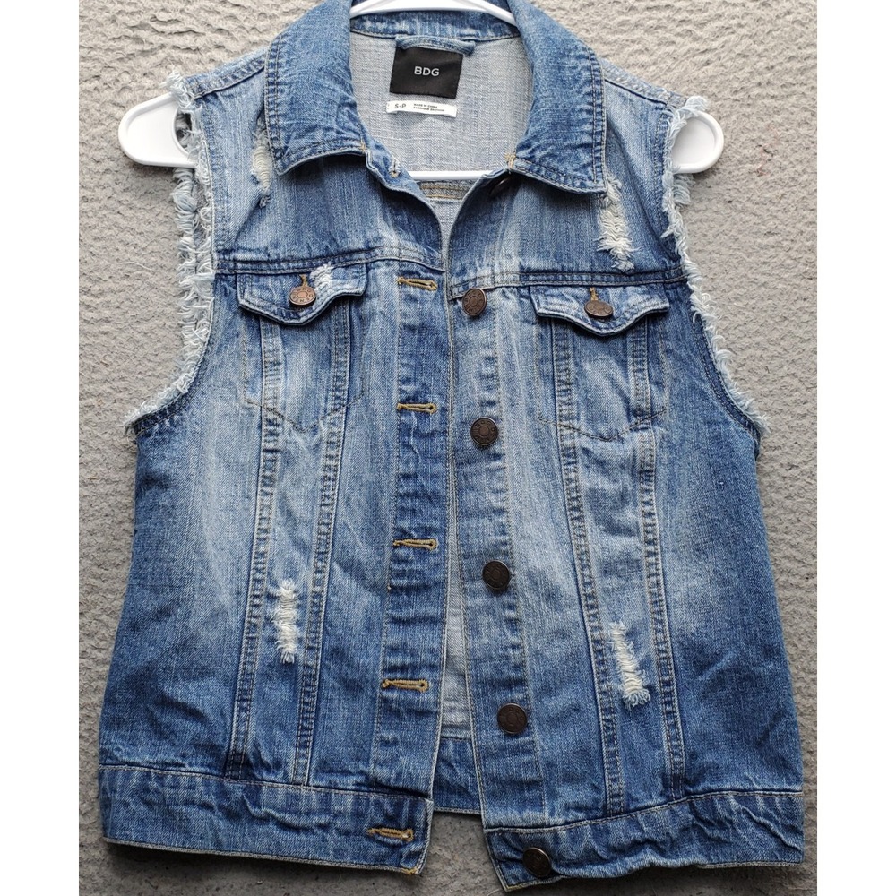 BDG Trucker Vest Womens S Multi‎ Denim Slim Fit Distressed Collared Button Front
